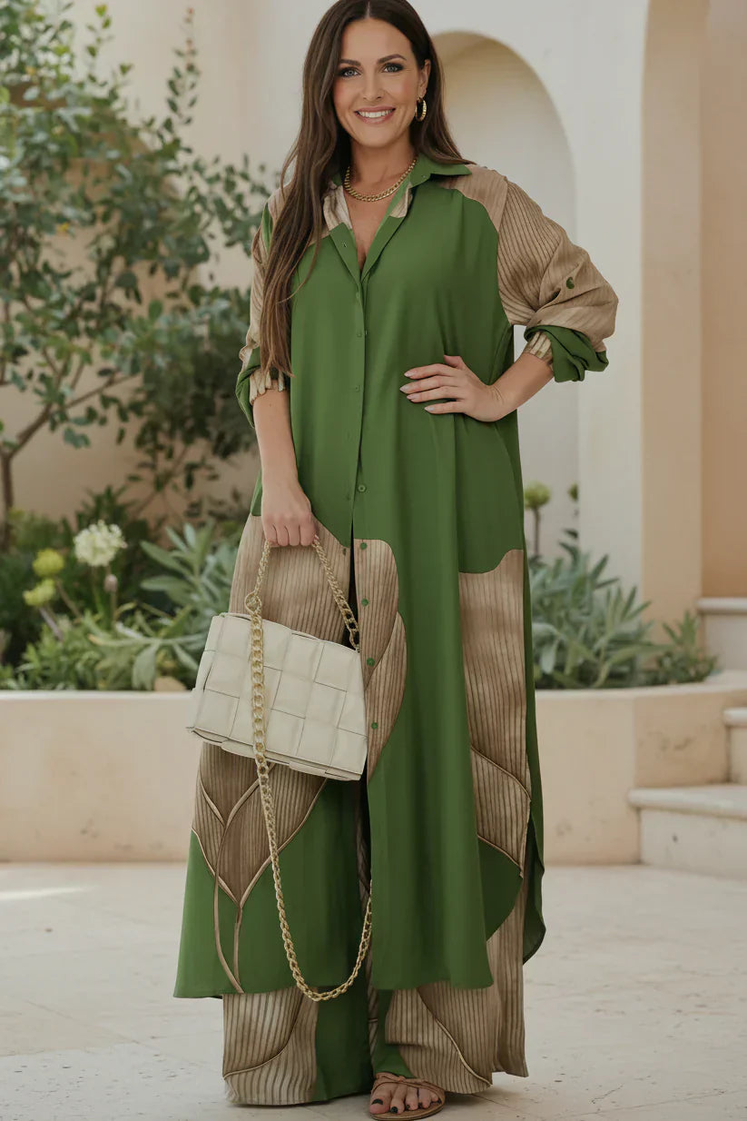 Relaxed Resort Set - Two Piece Wide Leg Pants and Button Down Top