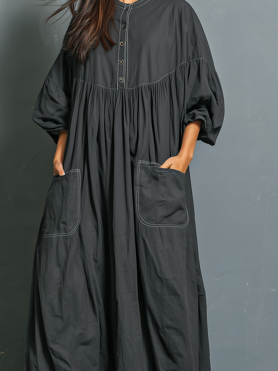Maxi Dress for Women - Loose Fit Dark Gray Long Sleeve