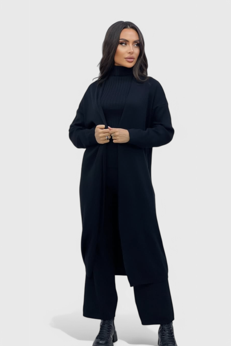 3-Piece Knit Set Long Cardigan Wide Leg Pants Turtleneck