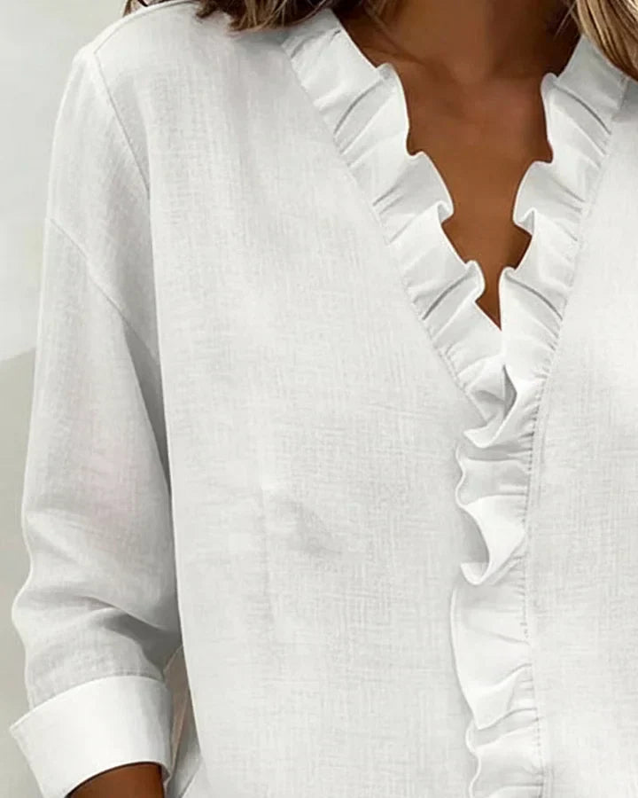 Ruffled V-Neck Blouse with Long Sleeves for Women