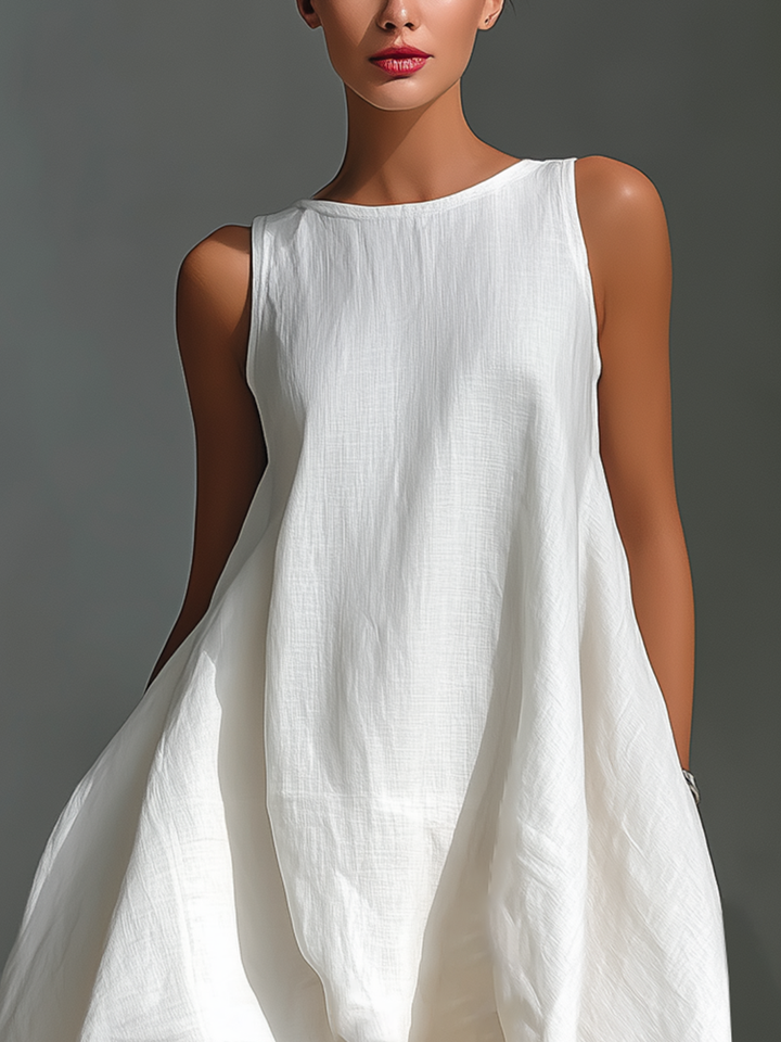 White Linen Midi Dress Sleeveless with Asymmetric Hem