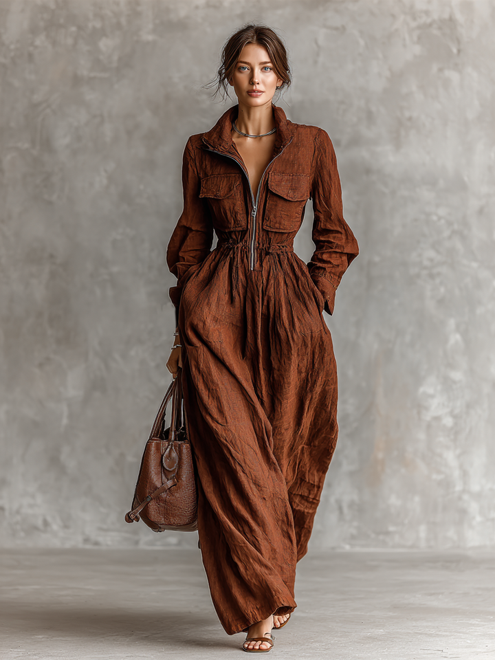 Cotton Linen Maxi Dress With Elastic Waist And Collar Detail