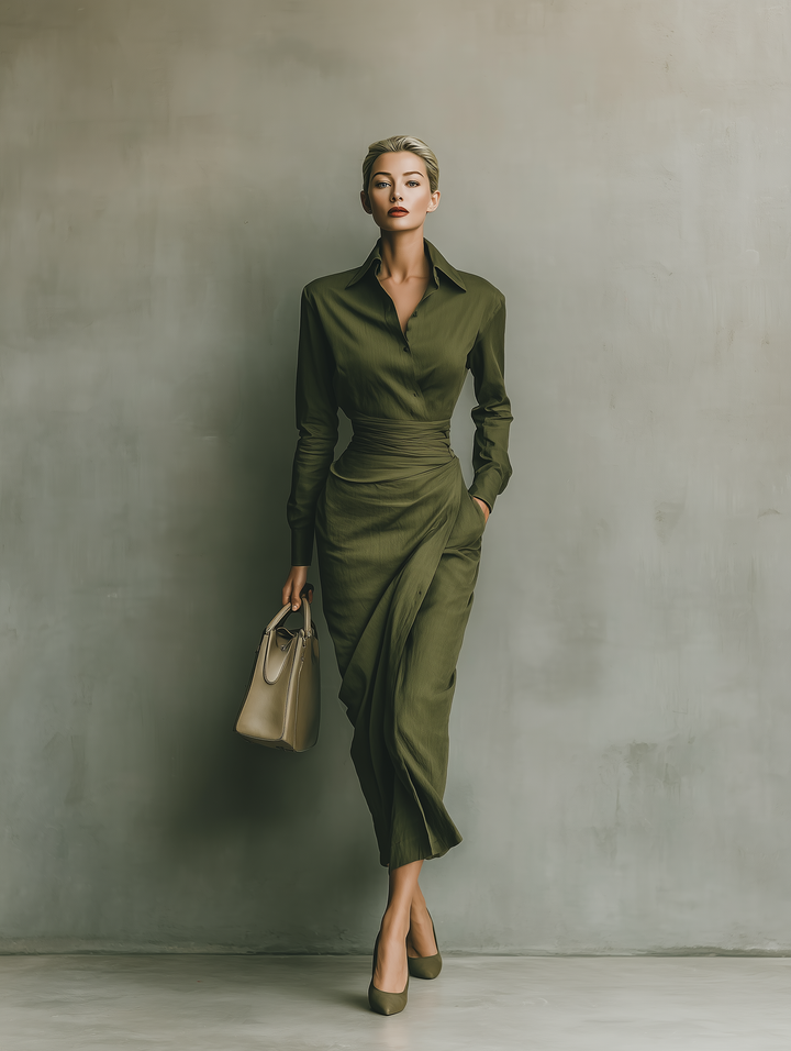 Army Green Maxi Dress for Women - Long Sleeve Cotton Blend