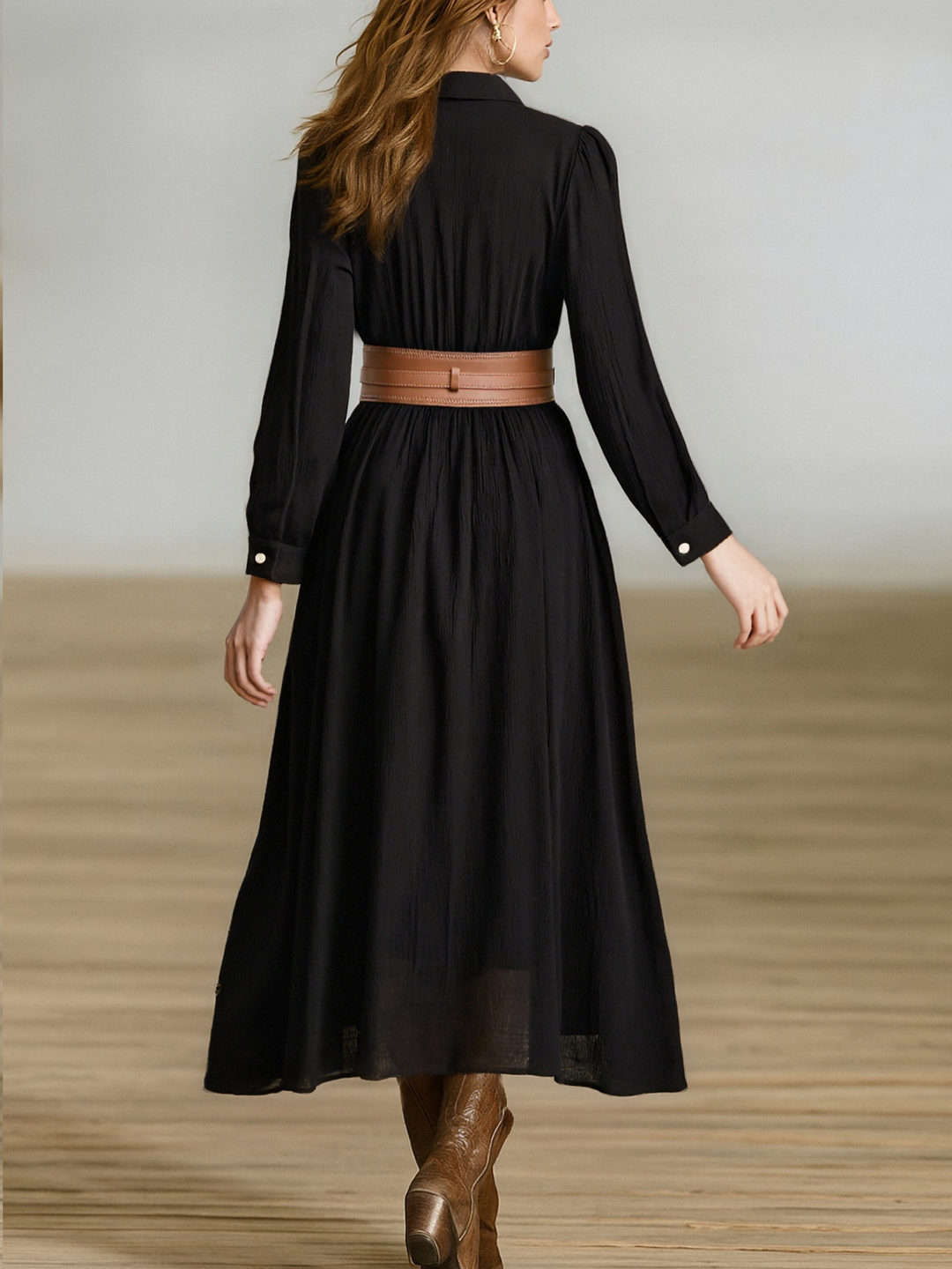 Long Sleeve Maxi Dress with Button Front and Pleated Detail
