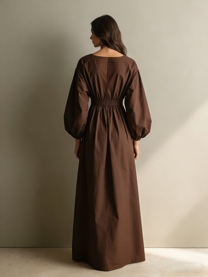 Cotton Linen Maxi Dress with V-Neck and Long Sleeves
