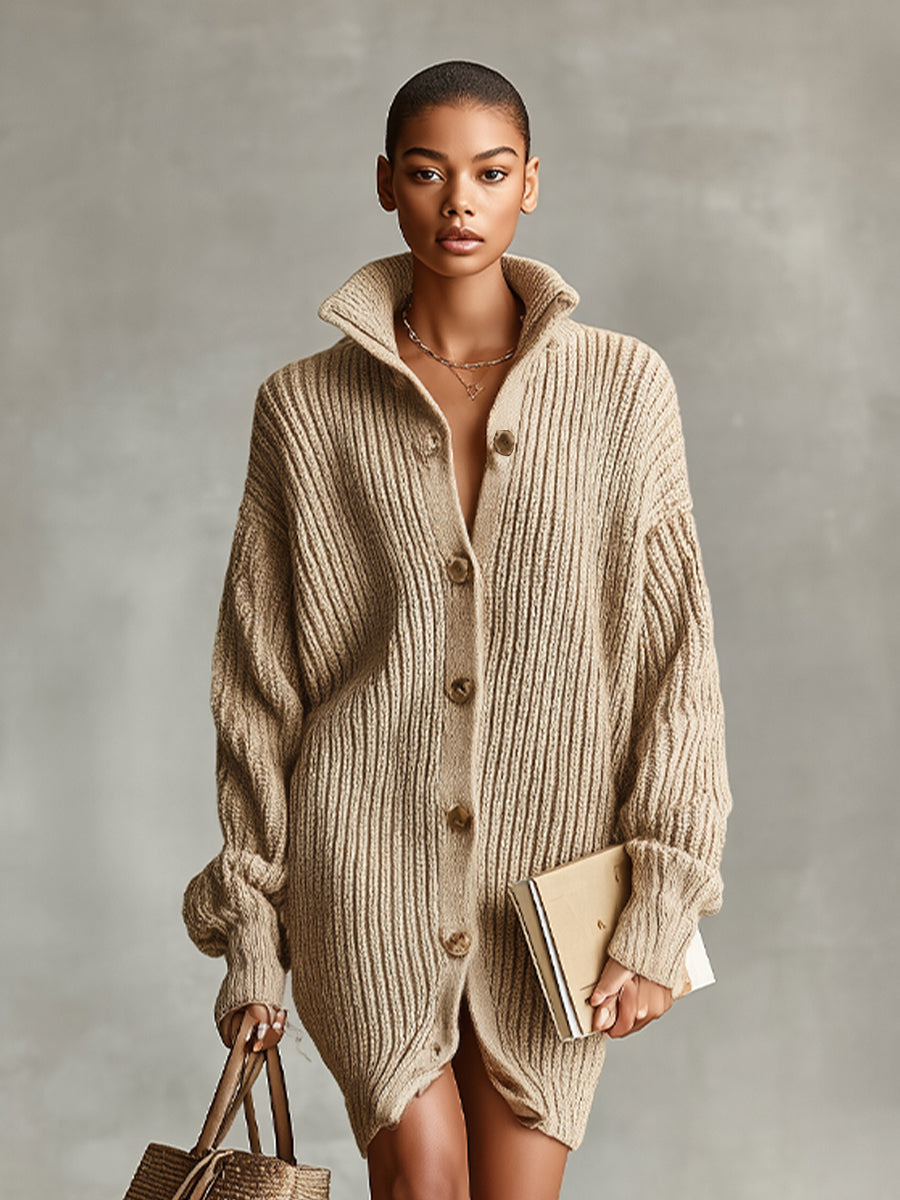 Camel Cardigan Dress for Women - Button Front Mini Sweater Dress