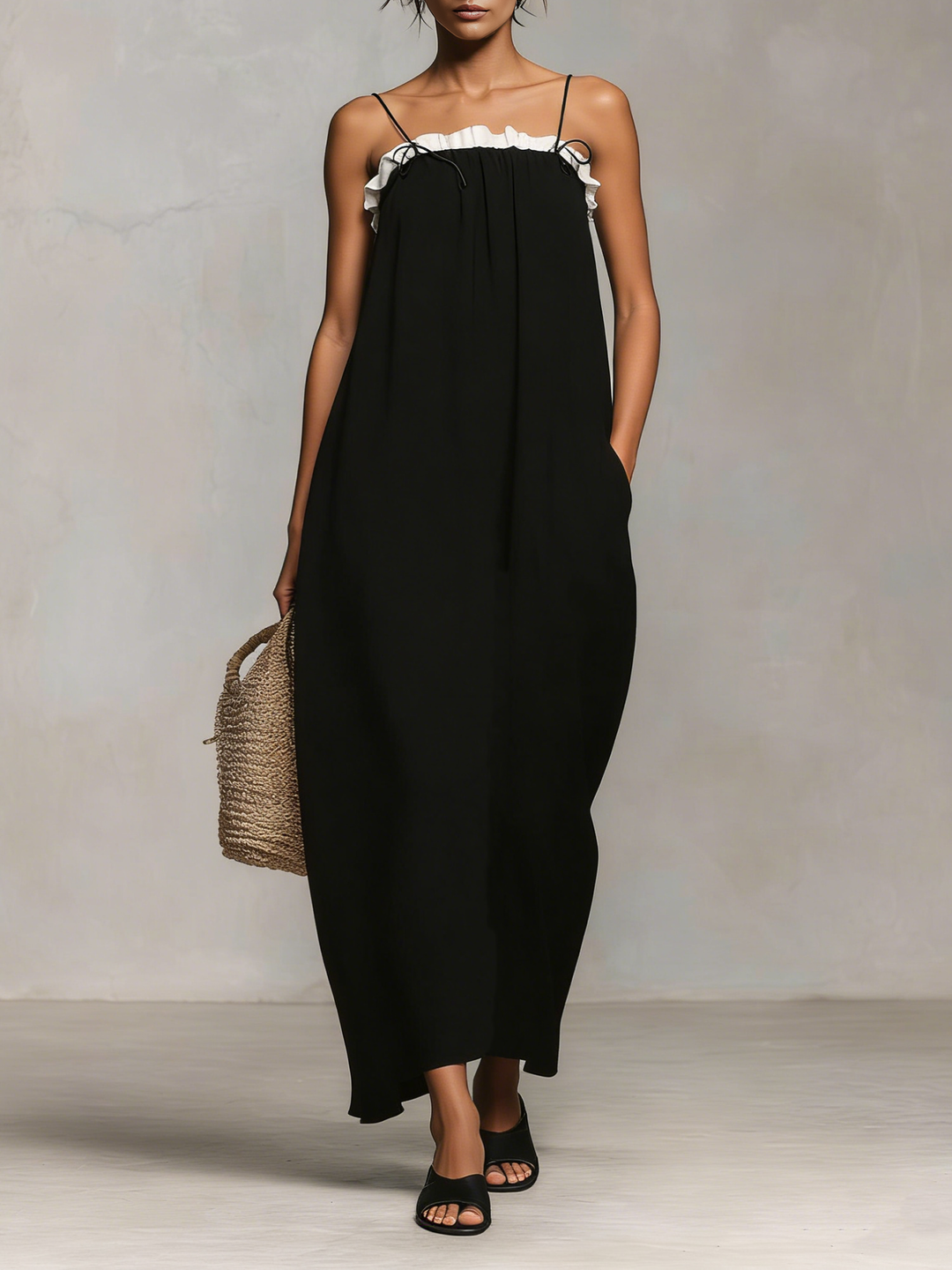 Color Block Maxi Dress with Spaghetti Straps for Summer