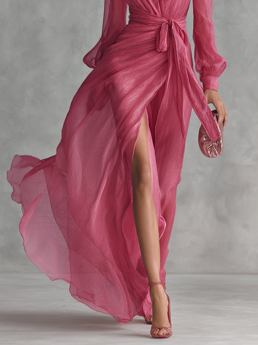 Long Chiffon Maxi Dress with Tie Waist V-Neck in Rose Pink