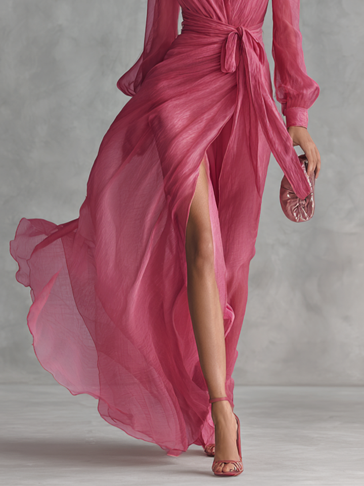 Long Chiffon Maxi Dress with Tie Waist V-Neck in Rose Pink