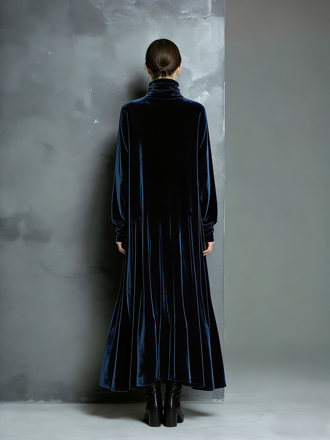 Navy Velvet Maxi Dress - Long Sleeve High Neck Elegant Evening Gown