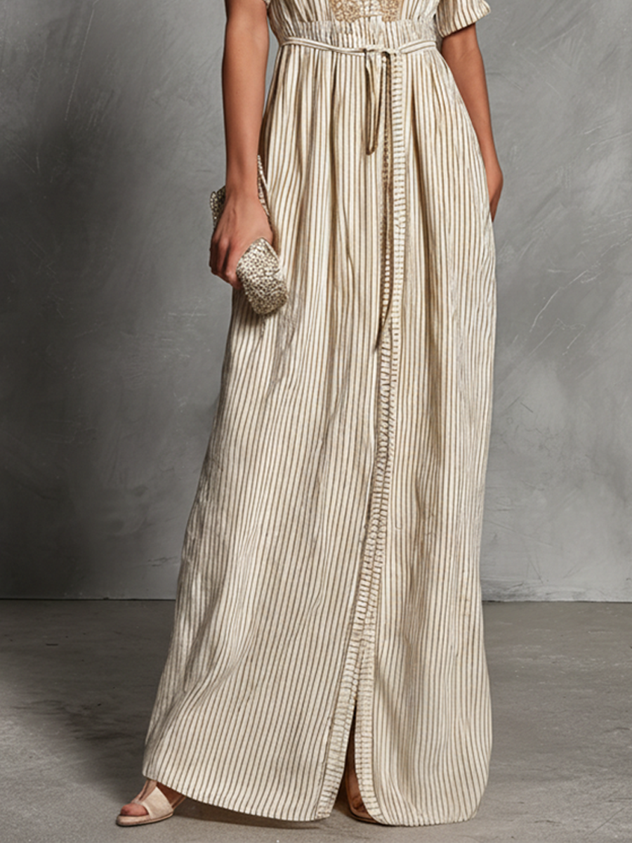 Striped Linen Maxi Dress with Drawstring Waist