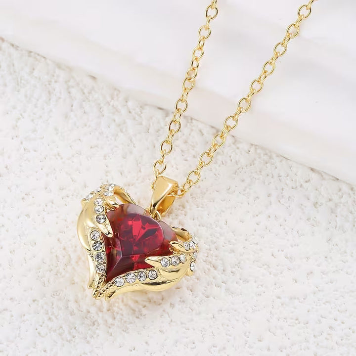 Heart Pendant Necklace Gold | Romantic Ruby Red Accent Jewelry