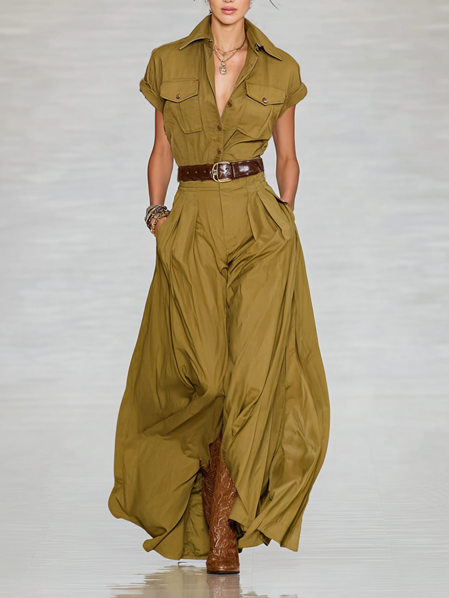 Cotton Maxi Shirt Dress with Short Sleeves and Button Front