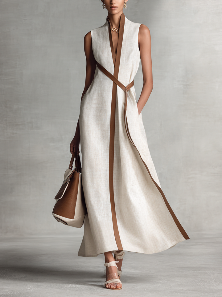 Cotton Linen Maxi Dress with Tie Waist and V-Neck