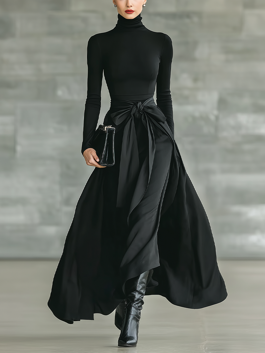 Black Maxi Dress with High Neck and Satin Flared Skirt