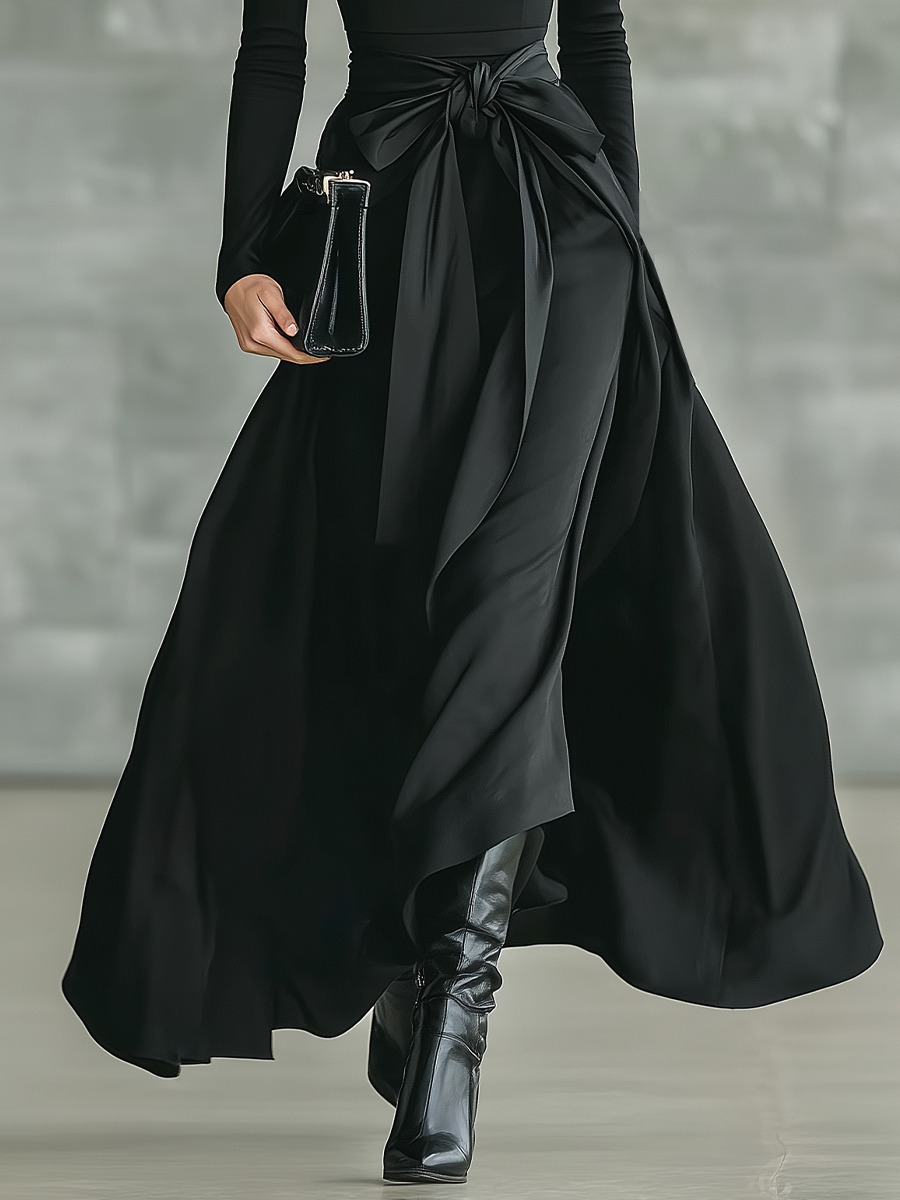 Black Maxi Dress with High Neck and Satin Flared Skirt