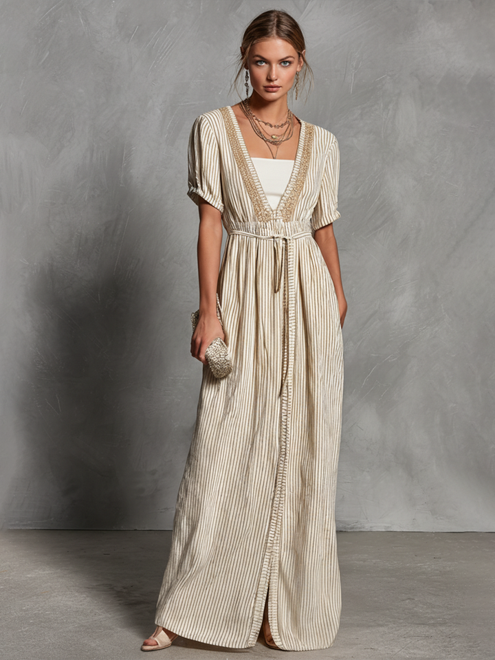 Striped Linen Maxi Dress with Drawstring Waist
