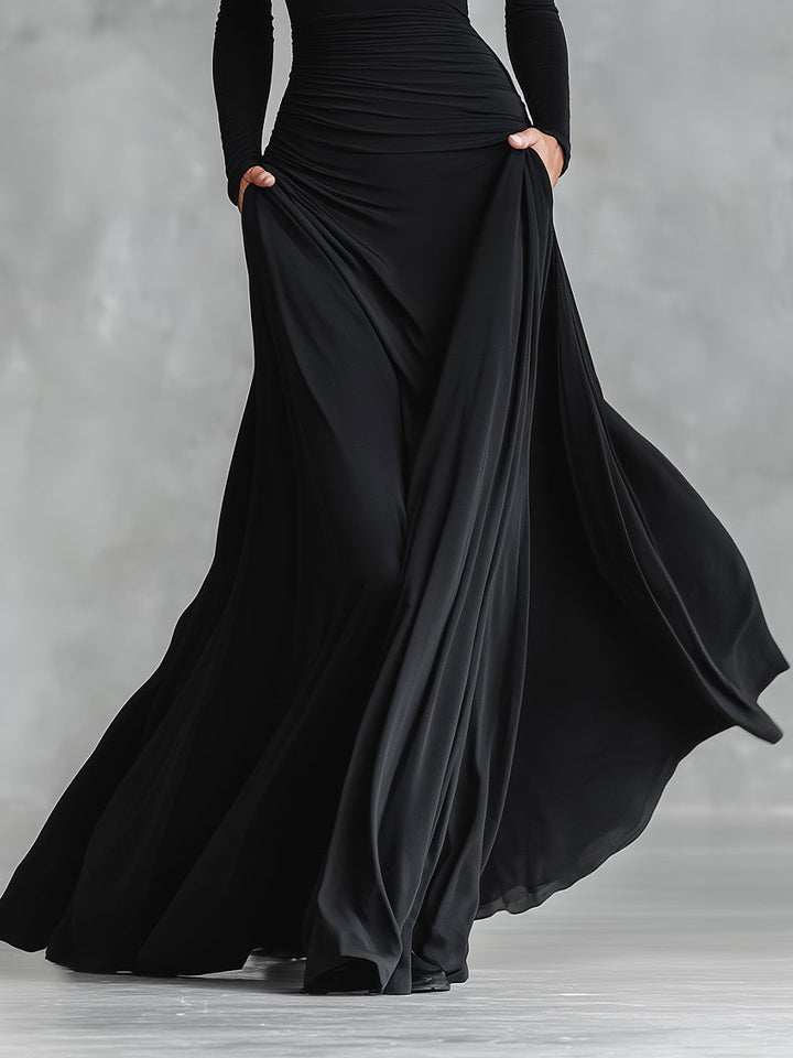 Black Maxi Dress with Ruched Bodice and Boat Neck