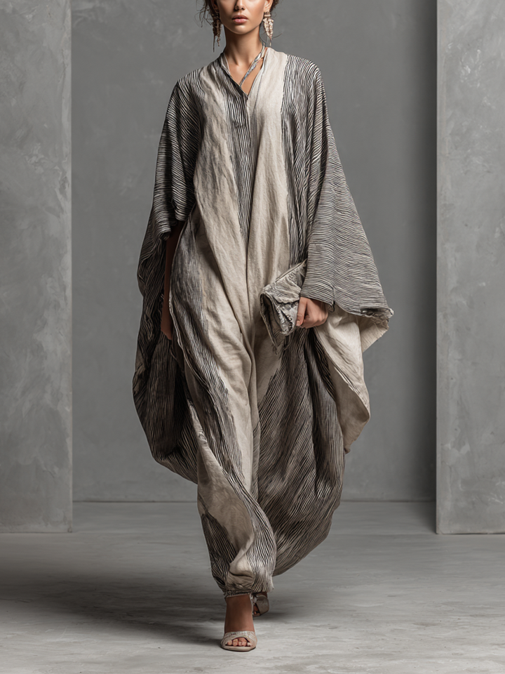 Striped Kaftan Maxi Dress - Cotton Linen V-Neck Resort Wear