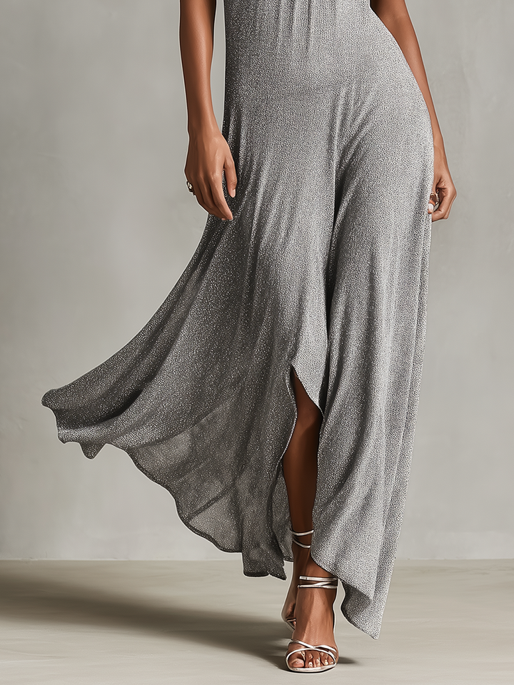 Metallic Halter Maxi Dress Silver High Low Hem Evening Gown