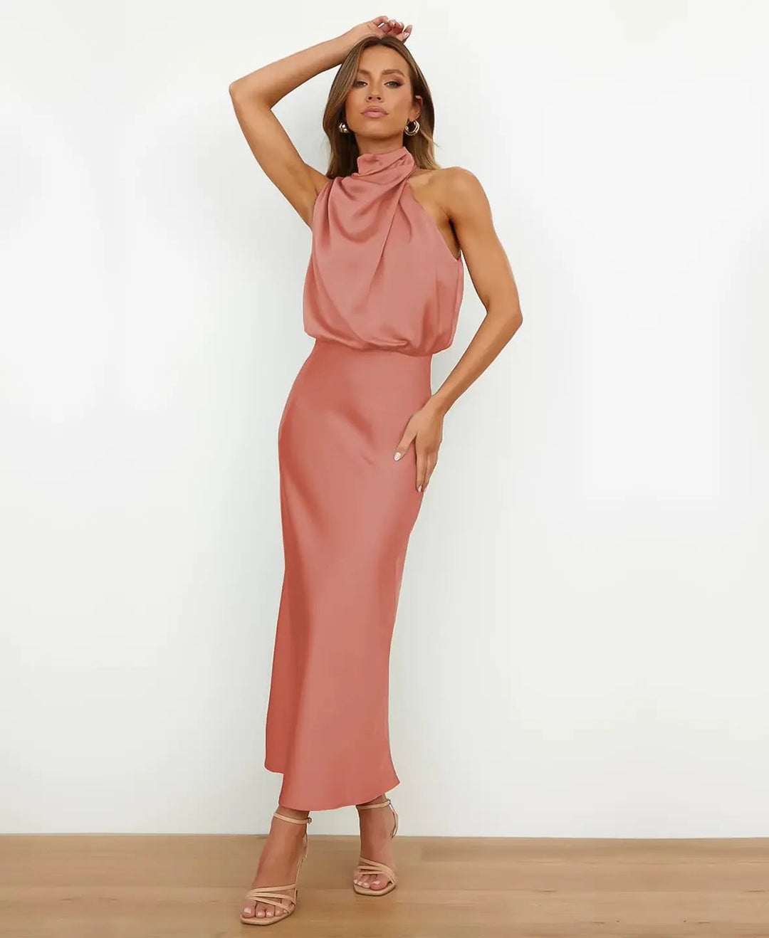 Midi Dress with Draped Neckline - Elegant Stretchy Fitted Dress