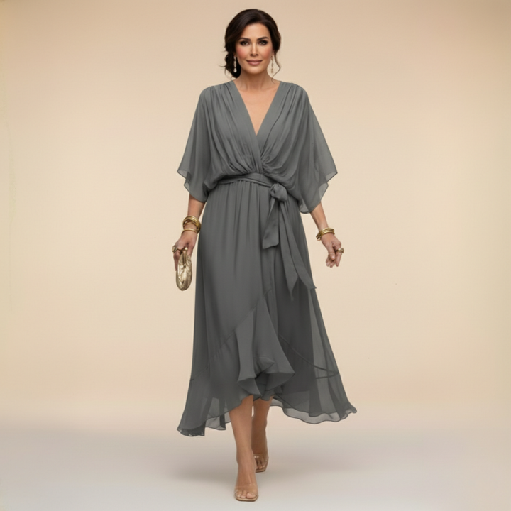 Chiffon V-Neck Dress for Women - Elegant Flowing Midi Dress