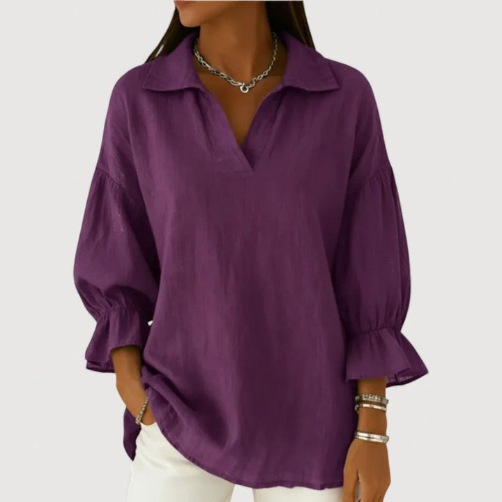 Flowy Blouse with V-Neck and Flared Sleeves for Women