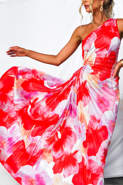 One Shoulder Summer Dress - Pleated Asymmetric Print Dress