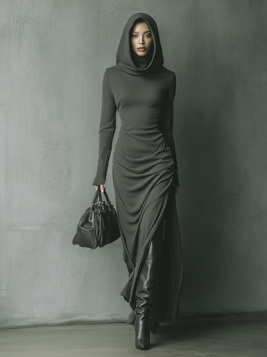Hooded Maxi Dress Knit Long Sleeve Lounge Dress