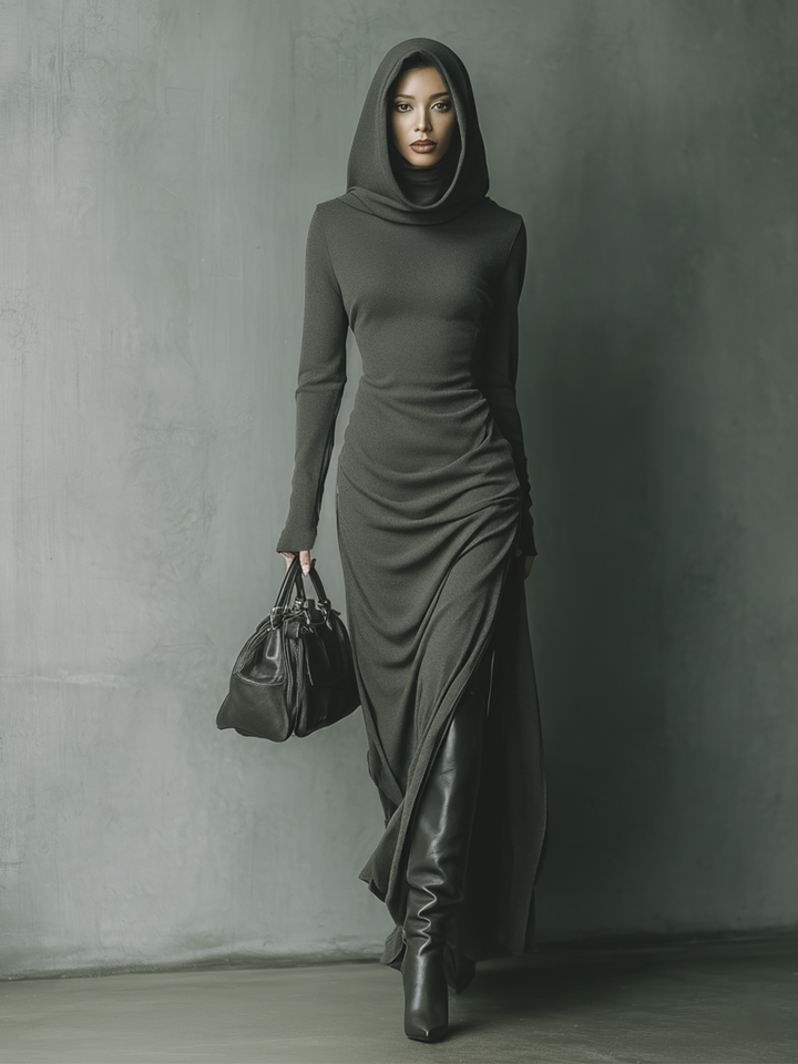 Hooded Maxi Dress Knit Long Sleeve Lounge Dress
