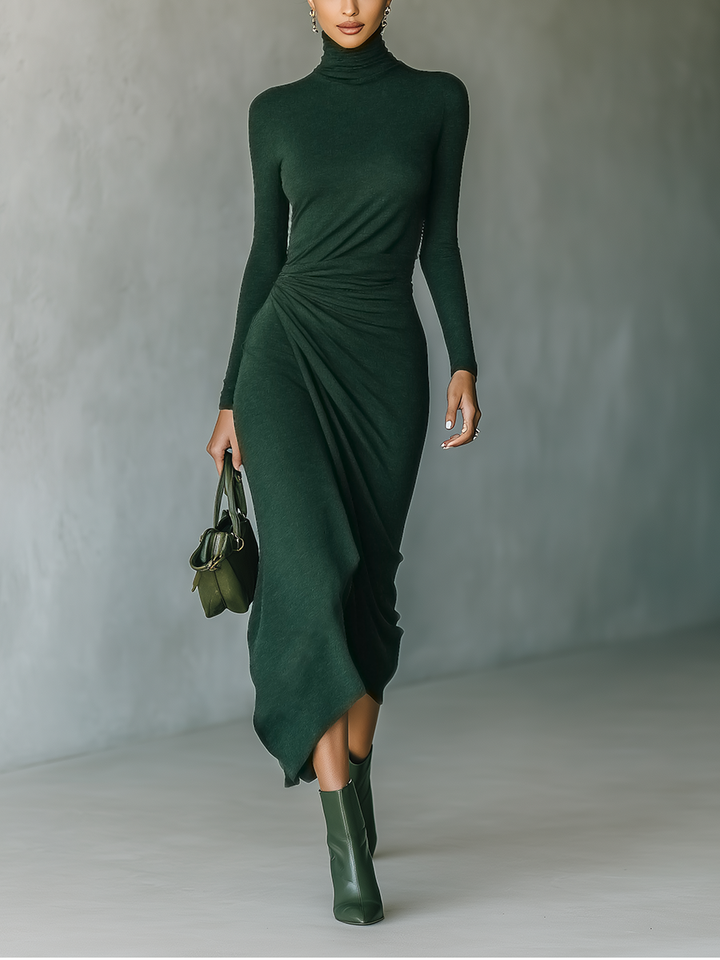Knit Wrap Midi Dress - High Neck Long Sleeve Bodycon
