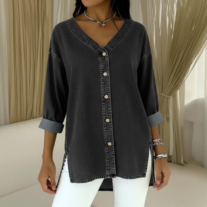 Denim Shirt Women V-Neck Relaxed Fit Button Front Top
