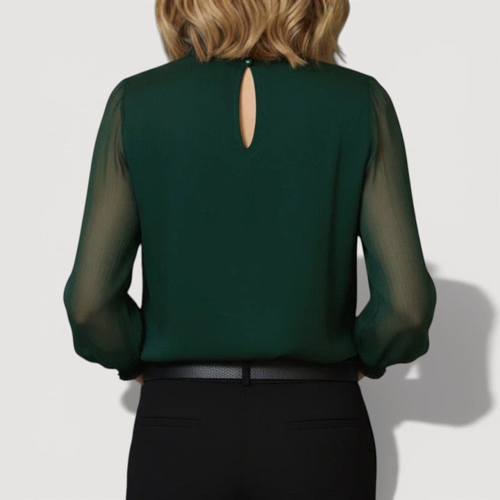 Elegant Blouse with Sheer Sleeves - Gathered Neckline Top