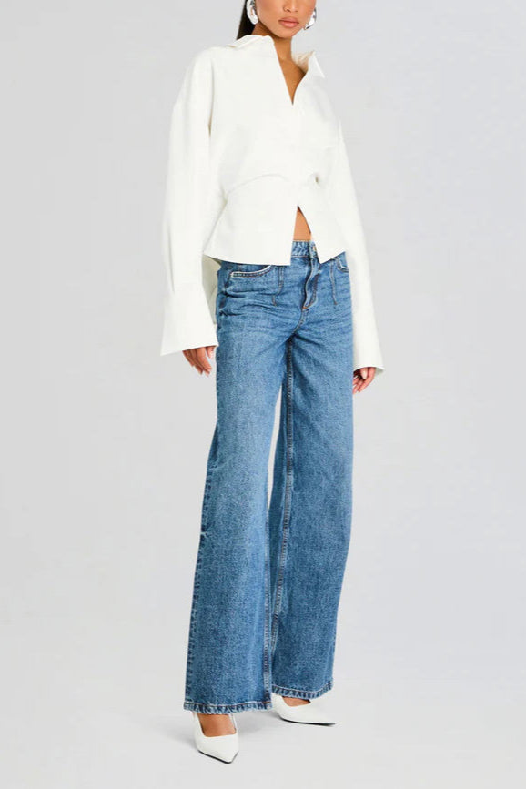 Draped Button Up Blouse for Women - Elegant Long Sleeve Top