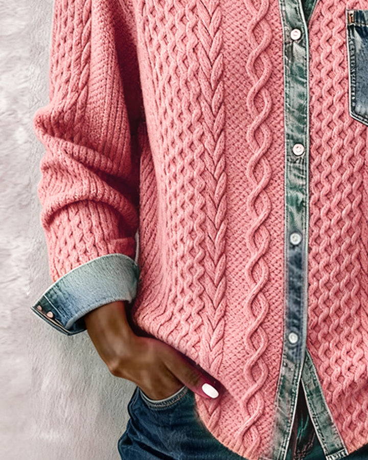 Denim Patchwork Button Down Shirt - Long Sleeve Cotton Blend Top