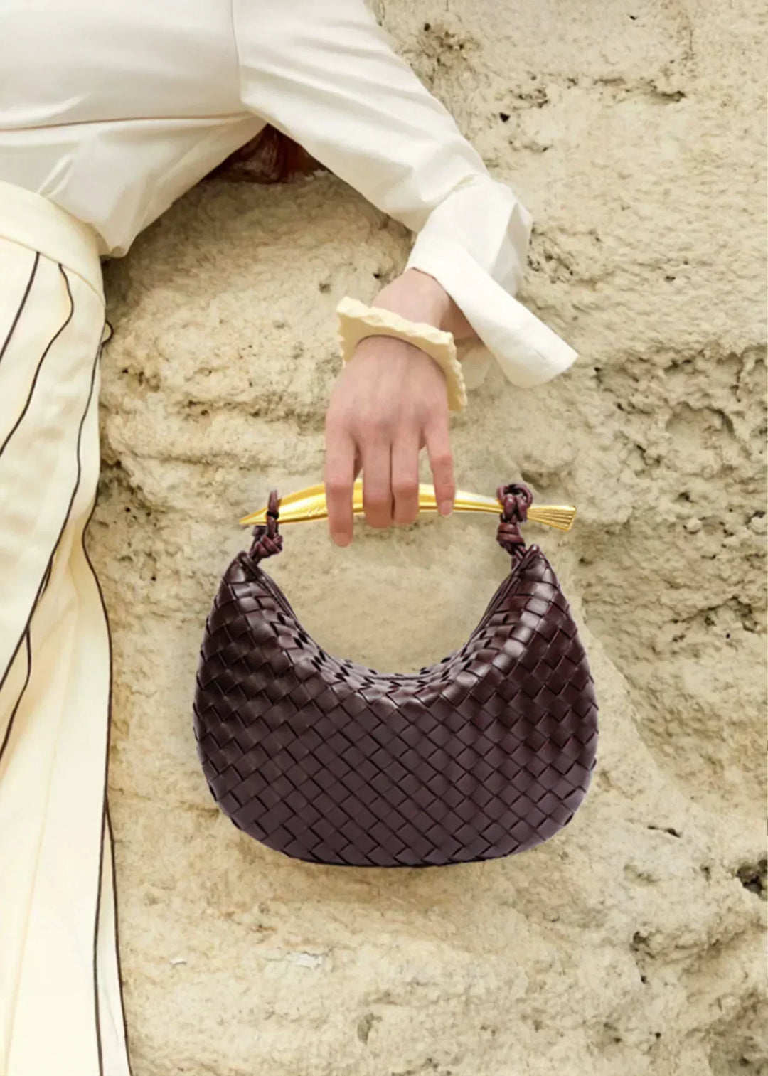 Woven Evening Bag with Gold Handle | Elegant Vegan Leather Handbag