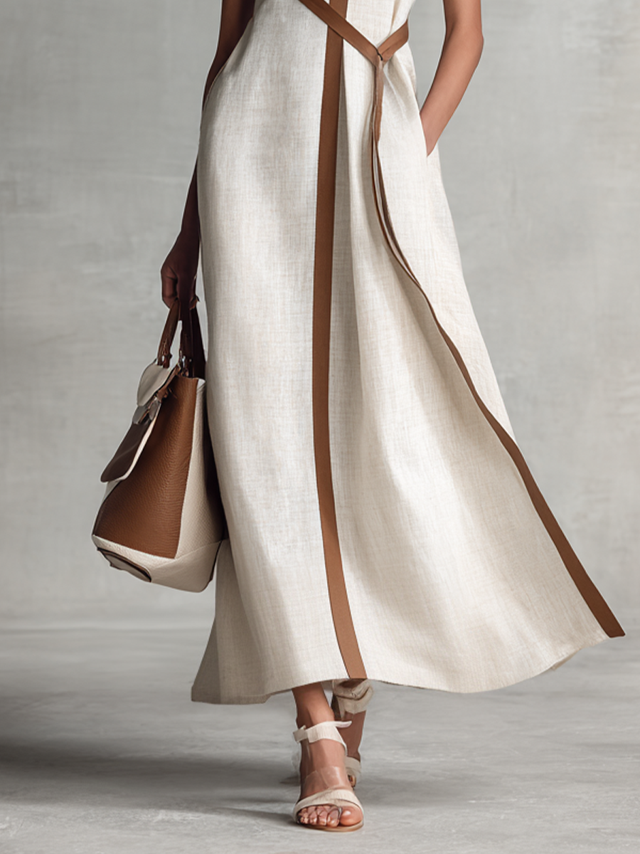 Cotton Linen Maxi Dress with Tie Waist and V-Neck