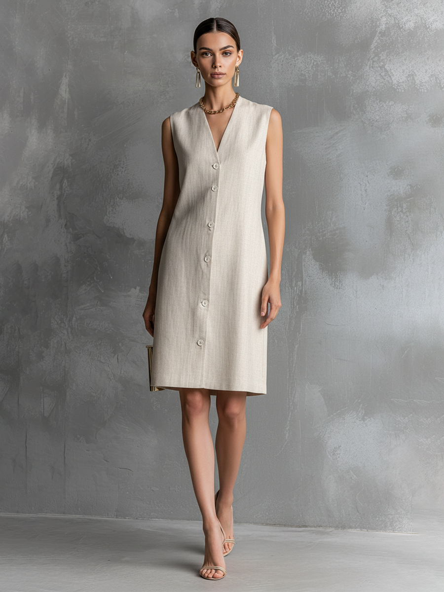 Ivory Linen Midi Dress with Button Front and V-Neck