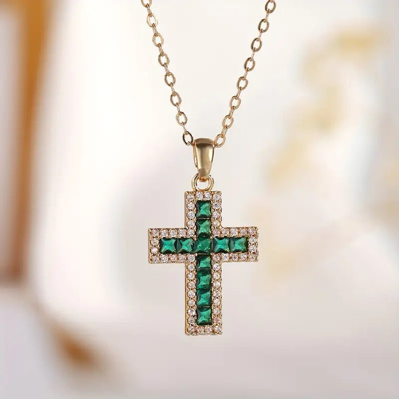 Emerald Cross Pendant Necklace in Gold | Dainty Layering Necklace