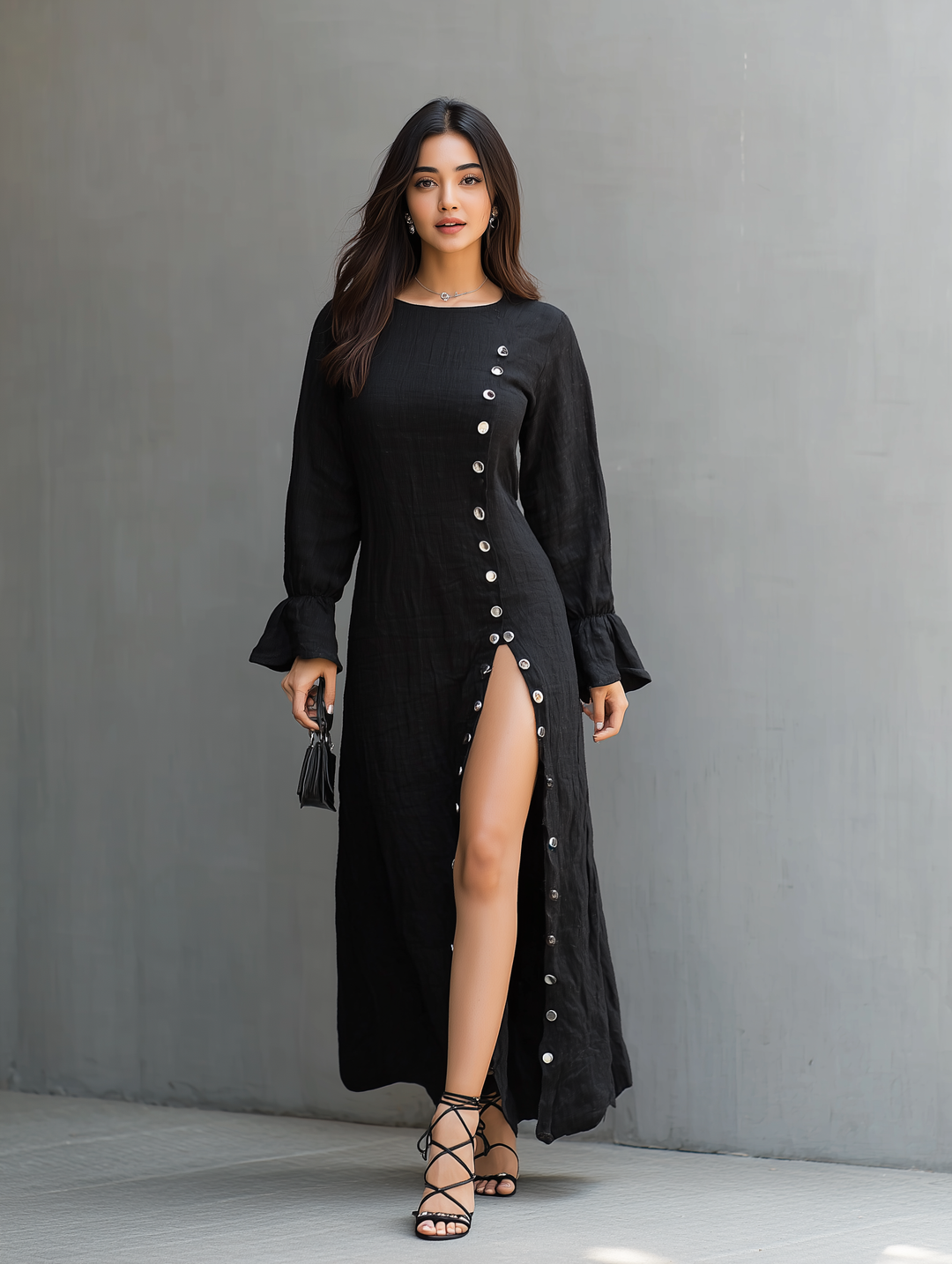 Black Linen Maxi Dress Long Sleeve with Side Slit
