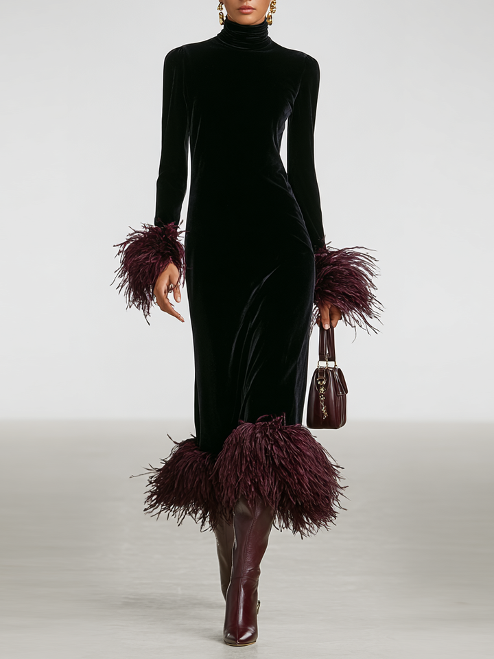 Velvet Maxi Dress with Feather Trim - Evening Formal Gown