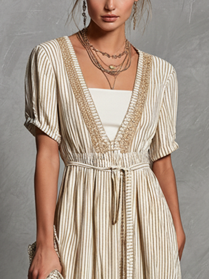 Striped Linen Maxi Dress with Drawstring Waist