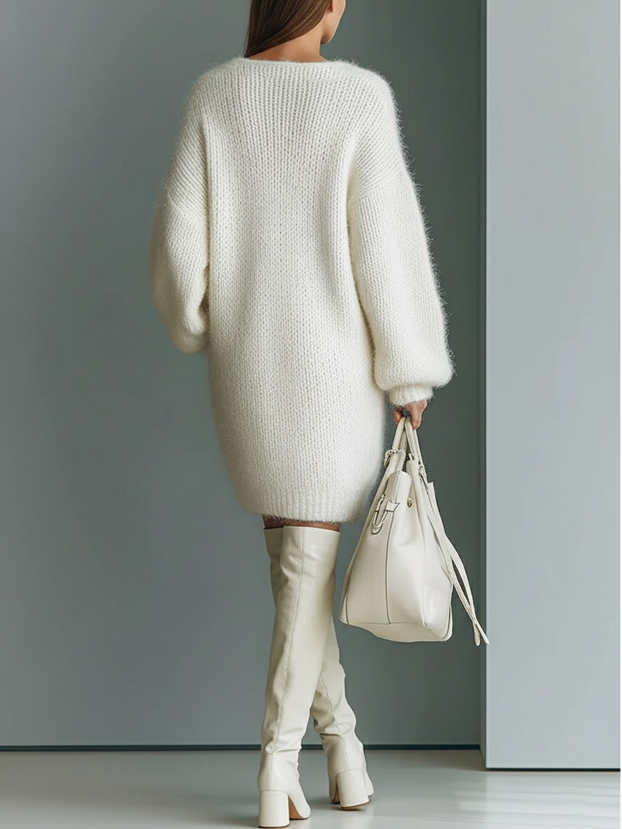 White Sweater Dress for Women V-Neck Long Sleeve Mini Knit