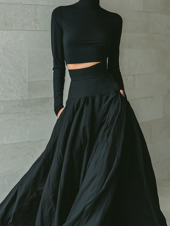Black Turtleneck Crop Top and Maxi Skirt Set for Women