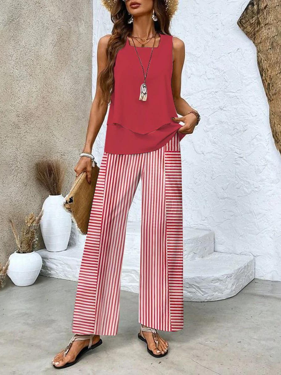 Two Piece Set Women Summer Outfit Sleeveless Top Wide Leg Pants