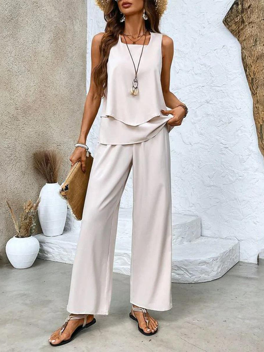 Two Piece Summer Set for Women - Elegant Sleeveless Top and Wide Leg Pants
