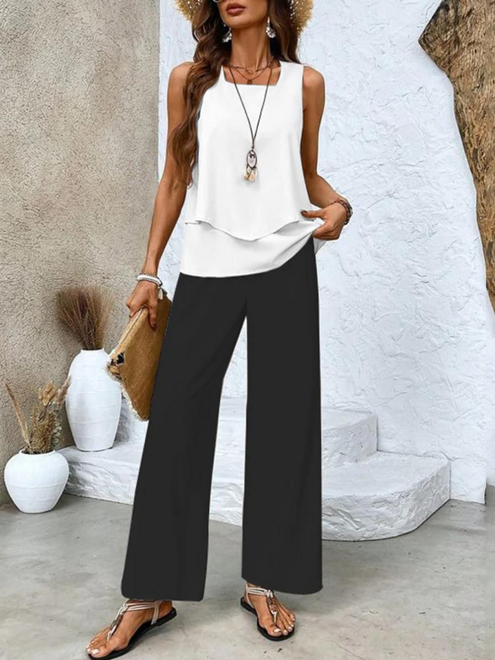 Two Piece Summer Set for Women - Elegant Sleeveless Top and Wide Leg Pants