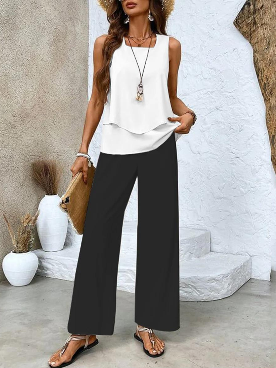 Two Piece Set Women Summer Outfit Sleeveless Top Wide Leg Pants