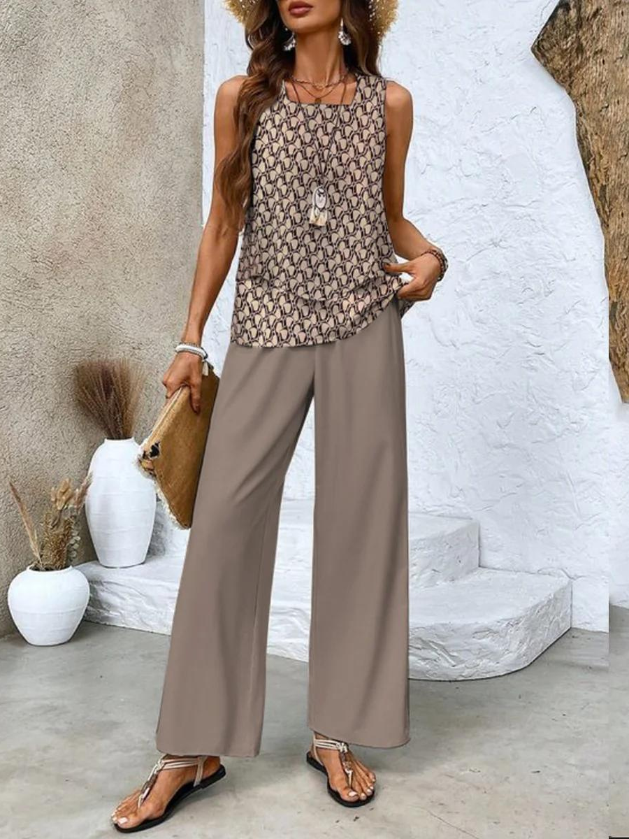 Two Piece Summer Set for Women - Elegant Sleeveless Top and Wide Leg Pants