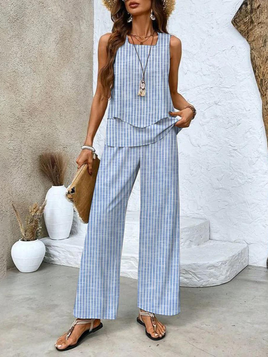 Two Piece Set Women Summer Outfit Sleeveless Top Wide Leg Pants